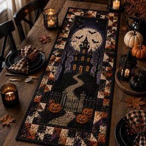 May include: A rectangular table runner featuring a central scene of a haunted house on a hill under a full moon with bats, surrounded by a border of small patchwork squares in black, orange, and cream, with three jack-o'-lanterns near the gate.