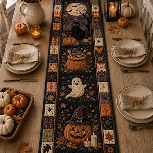 Könnte beinhalten: Ein rechteckiger Tischläufer aus Stoff mit einem dunklen, gesteppten Halloween-Motiv. Das mittlere Feld zeigt eine schwarze Katze, einen mit Süßigkeiten gefüllten Kessel, ein weißes Gespenst und einen Kürbis mit einem violetten Hexenhut.