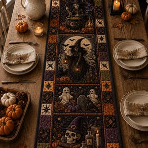 Op de afbeelding: Een rechthoekige stoffen tafelloper met een patchwork rand en vier centrale panelen met Halloween-taferelen: een skeletheks, een heks met lantaarns, geesten bij een grafsteen en een schedel met toverdrankflesjes en boeken.