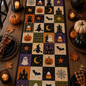 Vintage Halloween lapptäcke bordslöpare, pumpa svart katt fladdermus godismajs bordsdekor, primitiv höstlöpare