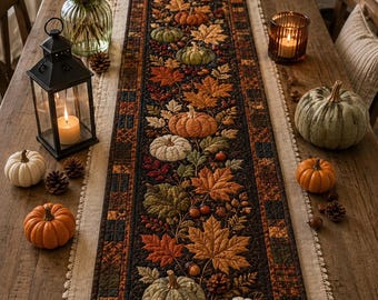 Halloween Quilted Table Runner, Fall Table Runner, Pumpkin Cat Ghost Bat Table Decor, Spooky Autumn Dining Table Runner Halloween Home Decor