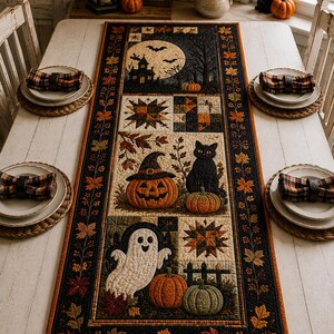 Könnte beinhalten: Ein rechteckiger, gesteppter Tischläufer mit Halloween-Motiven wie einem Spukhaus, einem Vollmond, einer schwarzen Katze, einem Kürbis und einem Geist. Der Rand ist mit herbstlichen Blättern in Orange, Gelb und Braun auf schwarzem Grund verziert.