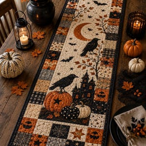 May include: A rectangular quilted table runner featuring a patchwork border of orange, black, and cream squares with spiderweb, star, and pumpkin motifs. The center panel depicts a crescent moon, black crows, a haunted house, and pumpkins.