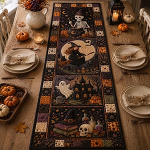 May include: A rectangular Halloween-themed table runner featuring four vertical panels with illustrations of a skeleton, a witch on a broomstick, a ghost by a haunted house, and a skull with books, all bordered by a patchwork of small squares.