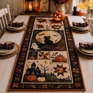 Puede incluir: Un camino de mesa acolchado rectangular con motivos de Halloween que incluyen un gato negro, un fantasma, calabazas, una casa encantada y estrellas. El diseño utiliza una paleta de naranja, negro, crema y marrón con un borde de hojas de otoño.