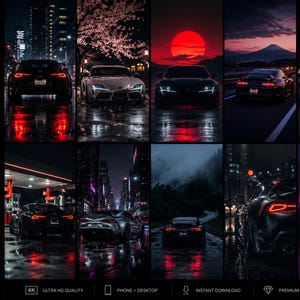 Könnte beinhalten: Eine Sammlung von neun digitalen Hintergrundbildern mit dem MK5 Supra-Auto in verschiedenen Nachtszenen. Die Bilder zeigen das Auto in unterschiedlichen Umgebungen, mit lebendigen Farben und Reflexionen. Der Text "MK5 SUPRA WALLPAPER PACK" ist oben zu sehen.