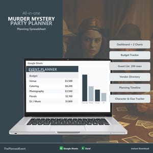 May include: A laptop displaying a "Murder Mystery Party Planner" spreadsheet. The screen shows budget details, charts, and planning tools. The image includes text like "Dashboard + 2 Charts" and "Guest List 200 rows."