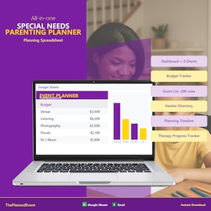 Op de afbeelding: Een laptop toont een spreadsheet voor evenementenplanning met budgetdetails. De afbeelding heeft een paars en geel kleurenschema, met de tekst "SPECIAL NEEDS PARENTING PLANNER". Functies zijn onder meer een dashboard, budgettracker en leverancierslijst.