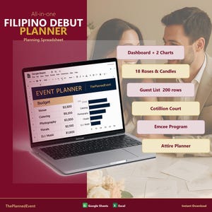 Filipino Debut Planner Spreadsheet Google Sheets | 18 Roses Candles Treasures Cotillion | Instant Download