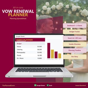 Vow Renewal Planner Spreadsheet Google Sheets | Budget Guest List Ceremony Script Our Story | Instant Download