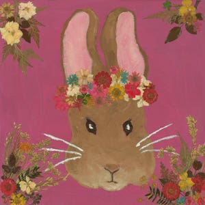 Original Acrylic Rabbit painting, Bunny painting, Pressed flower mix media, Acrylic Artwork, Canvas Artwork, Rabbit Wall Art, Hand drawn Art