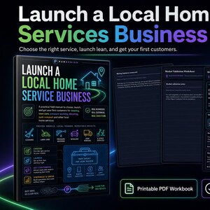 May include: A digital guide titled Launch a Local Home Services Business, featuring a dark theme with neon-colored text and icons. It includes a cover page, internal worksheets, and a 30-day launch plan, presented as a printable PDF workbook for download.
