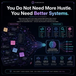 May include: A dark infographic titled You Do Not Need More Hustle. You Need Better Systems. It illustrates a transition from scattered tasks on sticky notes to a structured business operating system with neon icons, flow lines, and text labels.
