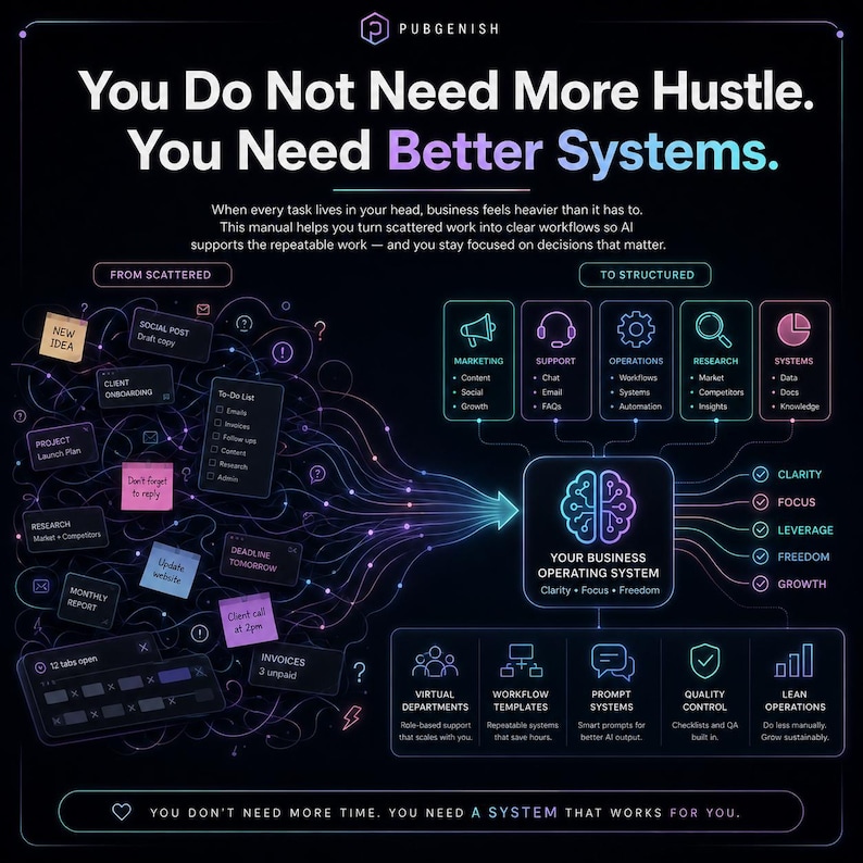 May include: A dark infographic titled You Do Not Need More Hustle. You Need Better Systems. It illustrates a transition from scattered tasks on sticky notes to a structured business operating system with neon icons, flow lines, and text labels.