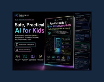 May include: A digital product titled Family Guide to AI for Kids (Ages 8-12): Safe, Practical Use at Home. The black cover features neon-colored text, icons, and a central doorway graphic. It includes a printable PDF workbook and instant download.