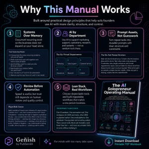 May include: An infographic titled Why This Manual Works, detailing five principles for solo founders using AI. It includes a book cover for The AI Solopreneur Operating Manual, text on systems, departments, prompt assets, automation, and workflows, with a dark background and neon accents.