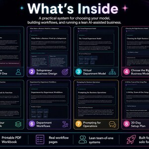 May include: An infographic titled What's Inside featuring eight numbered sections on AI-assisted business systems. Topics include The New Team of One, Solopreneur Business Design, Virtual Department Model, Choosing the Right Business Model, Build Your AI Stack, Department Workflows, Prompting for Operations, and a 30-Day Setup Plan.