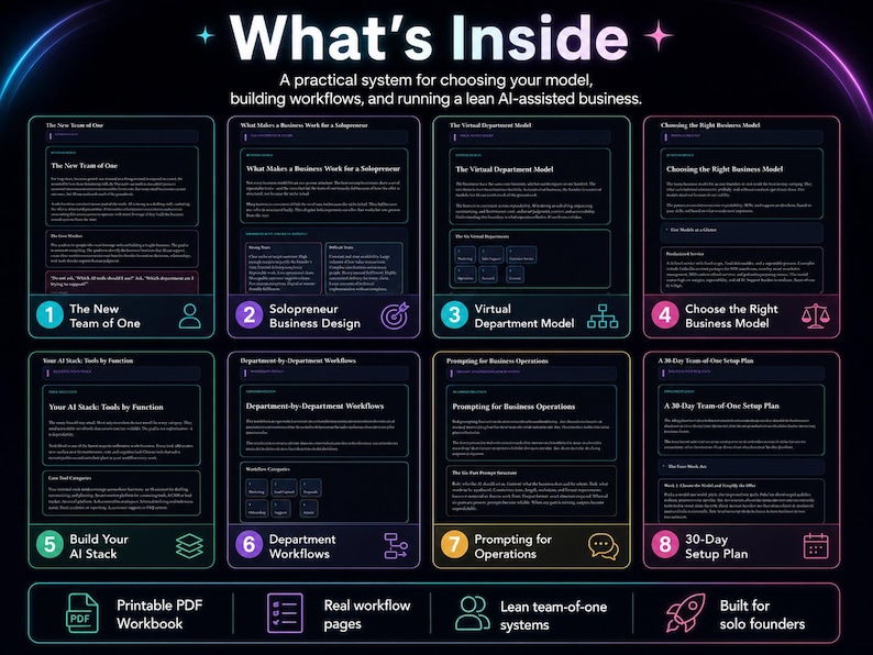 May include: An infographic titled What's Inside featuring eight numbered sections on AI-assisted business systems. Topics include The New Team of One, Solopreneur Business Design, Virtual Department Model, Choosing the Right Business Model, Build Your AI Stack, Department Workflows, Prompting for Operations, and a 30-Day Setup Plan.