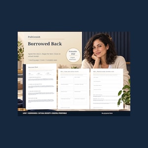 Pode incluir: Um documento digital imprimível intitulado Borrowed Back da PubGenish, apresentando uma página de ensino e duas ferramentas para rastrear itens emprestados. As páginas brancas contêm texto preto, formulários estruturados e cabeçalhos de registro.