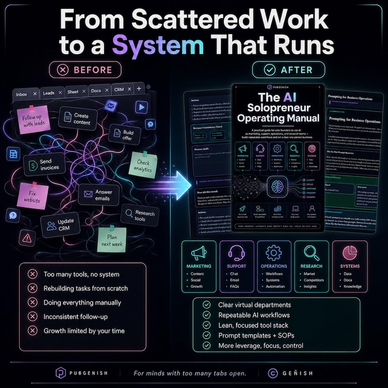May include: A comparison graphic titled From Scattered Work to a System That Runs. The left side shows a chaotic web of lines and sticky notes labeled Before. The right side shows a structured manual titled The AI Solopreneur Operating Manual.
