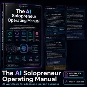 May include: A black book titled The AI Soloprenuer Operating Manual with a neon-colored diagram showing marketing, support, operations, research, and systems icons. Beside it are several pages from the book detailing a 30-day team-of-one setup plan.