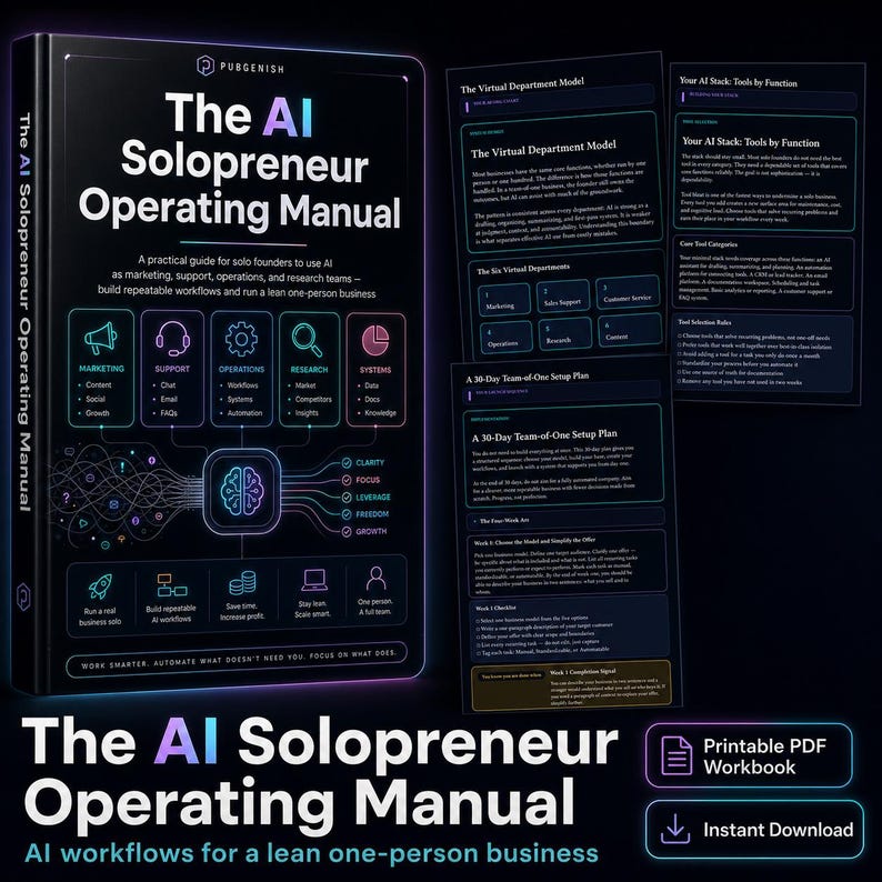 May include: A black book titled The AI Soloprenuer Operating Manual with a neon-colored diagram showing marketing, support, operations, research, and systems icons. Beside it are several pages from the book detailing a 30-day team-of-one setup plan.