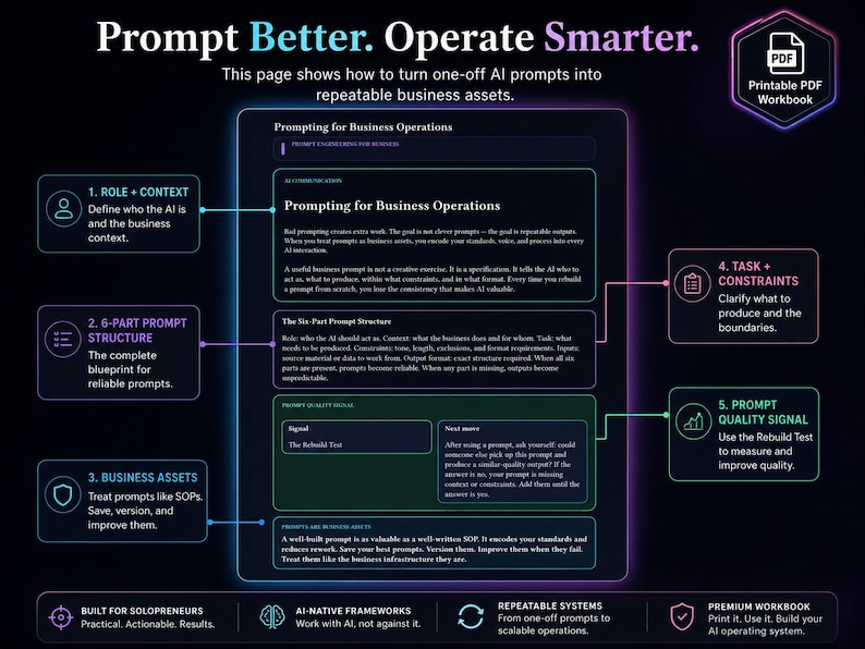 May include: An infographic titled Prompt Better. Operate Smarter. featuring a central document on business operations with five numbered steps, including Role + Context, 6-Part Prompt Structure, Business Assets, Task + Constraints, and Prompt Quality Signal.