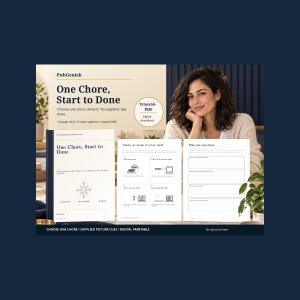 以下が含まれることがあります： 「One Chore, Start to Done」と題された10ページのデジタル印刷可能な家事計画ガイド。コンパスのグラフィックが描かれた表紙、本を棚に並べる手順を示す絵カードのページ、およびタスクを書き込むための罫線付きの計画シートが含まれています。