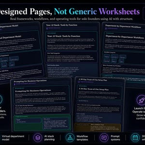 May include: A digital workbook titled Designed Pages, Not Generic Worksheets featuring five dark-themed pages with white text. Sections include The Virtual Department Model, Your AI Stack, Department-by-Department Workflows, Prompting for Business Operations, and A 30-Day Team-of-One Setup Plan. Includes a PDF icon.