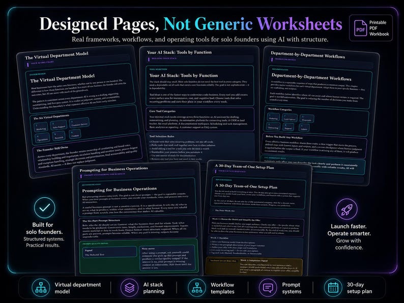 May include: A digital workbook titled Designed Pages, Not Generic Worksheets featuring five dark-themed pages with white text. Sections include The Virtual Department Model, Your AI Stack, Department-by-Department Workflows, Prompting for Business Operations, and A 30-Day Team-of-One Setup Plan. Includes a PDF icon.