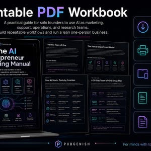 May include: A printable PDF workbook titled The AI Solopreneur Operating Manual, displayed on a laptop screen alongside several page previews. The document features dark backgrounds with neon-colored icons and text detailing AI marketing, support, operations, and research workflows for solo founders. The right side lists features including instant digital download, printable pages, tablet or desktop compatibility, reusable templates, and standard 8.5 x 11 inch letter-size pages.