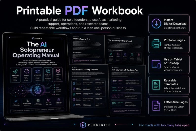 May include: A printable PDF workbook titled The AI Solopreneur Operating Manual, displayed on a laptop screen alongside several page previews. The document features dark backgrounds with neon-colored icons and text detailing AI marketing, support, operations, and research workflows for solo founders. The right side lists features including instant digital download, printable pages, tablet or desktop compatibility, reusable templates, and standard 8.5 x 11 inch letter-size pages.