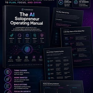 May include: The AI Solopreneur Operating Manual is a dark-themed guide for solo founders. It features a brain icon, text titled Stop Overthinking. Start Operating, and sections on marketing, support, operations, research, and systems. Includes a 30-day setup plan and weekly dashboard.