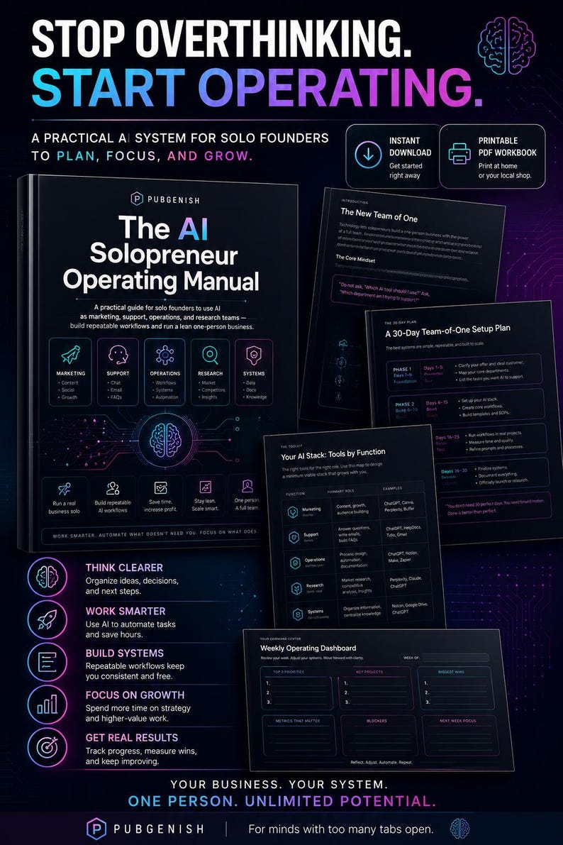 May include: The AI Solopreneur Operating Manual is a dark-themed guide for solo founders. It features a brain icon, text titled Stop Overthinking. Start Operating, and sections on marketing, support, operations, research, and systems. Includes a 30-day setup plan and weekly dashboard.