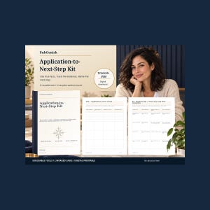 May include: A digital printable Application-to-Next-Step Kit by PubGenish featuring a cover page, an application status board, and a worked job next-step and date reminder sheet. The kit includes 8 reusable tools and 2 complete worked records.