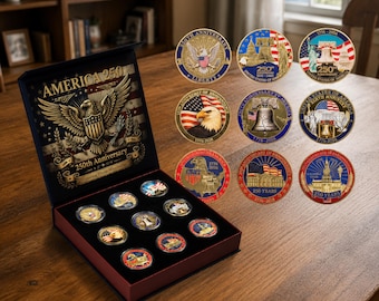 Juego de monedas del 250 aniversario de Estados Unidos en caja de madera, 4 monedas metálicas en relieve para coleccionistas y patriotas.