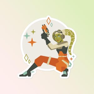 May include: A sticker featuring a stylized illustration of a green-skinned character in an orange and black outfit, holding an orange and black blaster. The character is set against a white circle with star and diamond accents.
