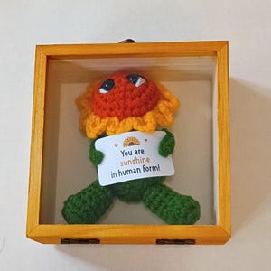 May include: A crocheted sunflower doll with a red center, yellow petals, and green limbs, encased in a square wooden shadow box. The doll holds a white rectangular card with a sunflower icon and the text, You are sunshine in human form!