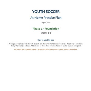 May include: A document titled YOUTH SOCCER At-Home Practice Plan for ages 7-11. It outlines Phase 1 - Foundation for weeks 1-5, including instructions on how to use the plan, focusing on ball comfort, quality touches, and tracking juggling progress.