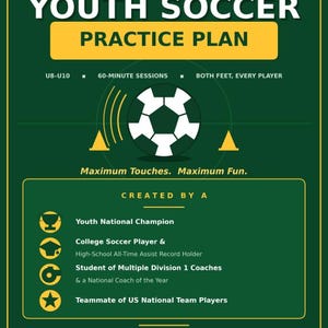Op de afbeelding: Een groen en gele poster getiteld "Youth Soccer Practice Plan" met tekst als "U8-U10" en "60-minuten sessies". Het bevat een voetbalafbeelding en de tekst "Maximum Touches. Maximum Fun."
