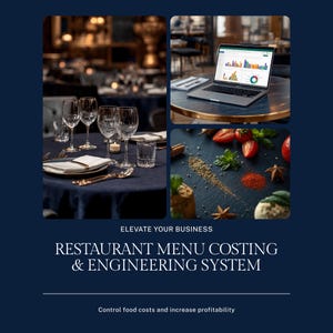 May include: A digital restaurant menu costing and engineering system display featuring a laptop with data charts, a formal dining table with glassware, and fresh culinary ingredients. Text reads: ELEVATE YOUR BUSINESS RESTAURANT MENU COSTING & ENGINEERING SYSTEM Control food costs and increase profitability.