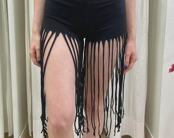 reworked black capri leggings with fringes