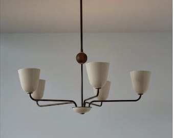 Stilnovo messing kroonluchter, mid-century moderne kroonluchter met 5 armen, moderne plafondlamp, minimalistische messing hanglamp