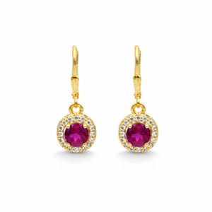Ruby Red Crystal Halo Drop Earrings, Gold Vermeil Sterling Silver Bridal Jewelry
