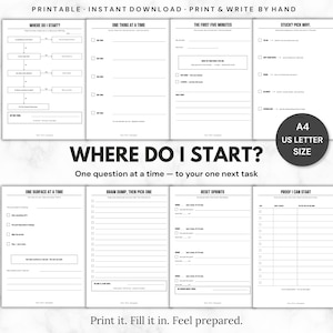 Può includere: Un set di otto fogli di lavoro stampabili per la gestione delle attività con testo nero su carta bianca. Le pagine includono diagrammi di flusso, liste di controllo e registri intitolati Where Do I Start, One Thing At A Time, The First Five Minutes, Stuck, One Surface At A Time, Brain Dump, Reset Sprints e Proof I Can Start. Include etichette in formato A4 e US Letter.