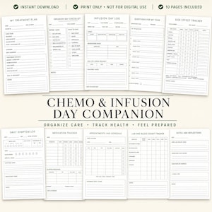 Planificador de quimioterapia imprimible, compañero para el día de la infusión, registro de tratamiento y efectos secundarios del cáncer, registro de medicamentos, diario de citas de oncología en PDF