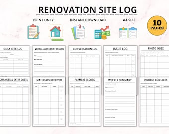 Dagboek voor renovatiewerkzaamheden, afdrukbaar aannemerslogboek, communicatie- en overeenkomstregistratie voor huisverbouwingen, tracker voor mondelinge afspraken (pdf)