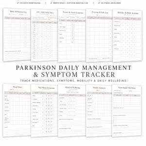 Può includere: Un set di dieci pagine stampabili per la gestione quotidiana e il monitoraggio dei sintomi del Parkinson. I documenti bianchi presentano testo nero e intestazioni grigio chiaro, inclusi registri per farmaci, tremori, sonno e umore.
