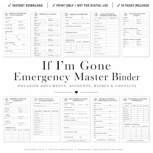 Può includere: Un set di dieci pagine stampabili per un raccoglitore di emergenza intitolato If I'm Gone. I modelli di documenti in bianco e nero includono sezioni per informazioni personali, contatti di emergenza, cartelle cliniche e conti finanziari.