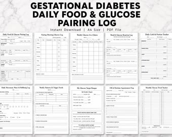 Printbare tracker voor zwangerschapsdiabetes, PDF-bestand met bloedsuiker- en voedingslogboek voor zwangerschap, dagelijks glucose- en maaltijdcombinatiedagboek voor consulten met de diëtist.